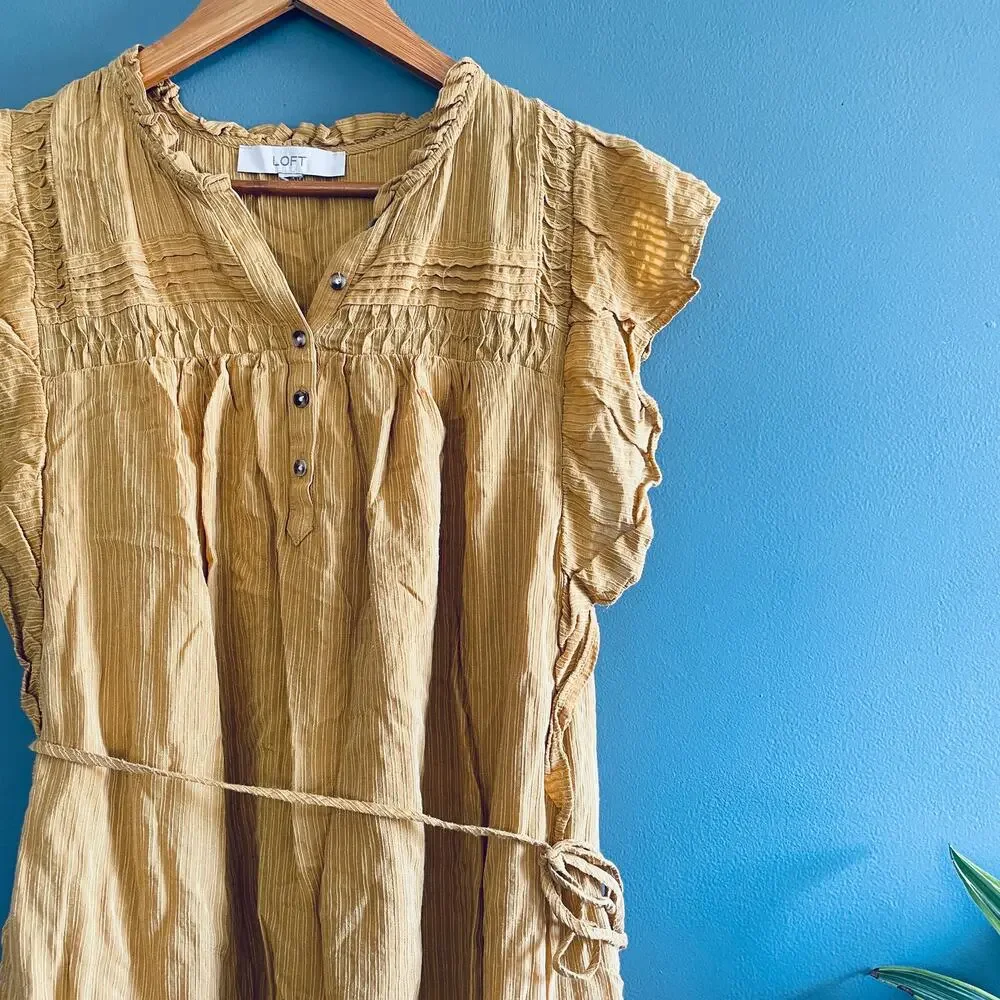 LOFT Pintucked Ruffle Swing Dress L Mustard Yellow Tie Waist Western Boho